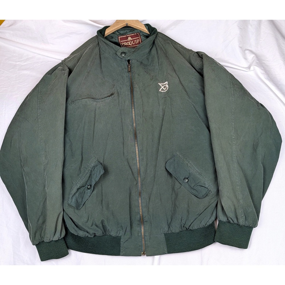 ProQuip Mens XL Army Green 100% Silk Full Zip Golf Bomber Jacket Vintage